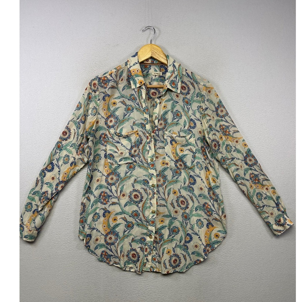 Boho Floral Pilcro Womens Small Cream Blue Orange Long Sleeve Button Down Shirt